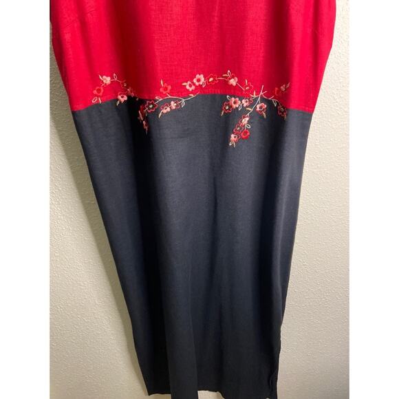 Ease Sport Vintage Women Red/Black Linen Blend Embroidered Florals Maxi Dress 10 - Picture 3 of 6